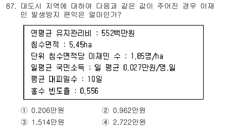 방재기사 2019년 88번 - 정답 4는 2,722백만원이다. 이는 해당 지역의 총 주민소득과 단위 면... 에 관한 핵심 기출문제