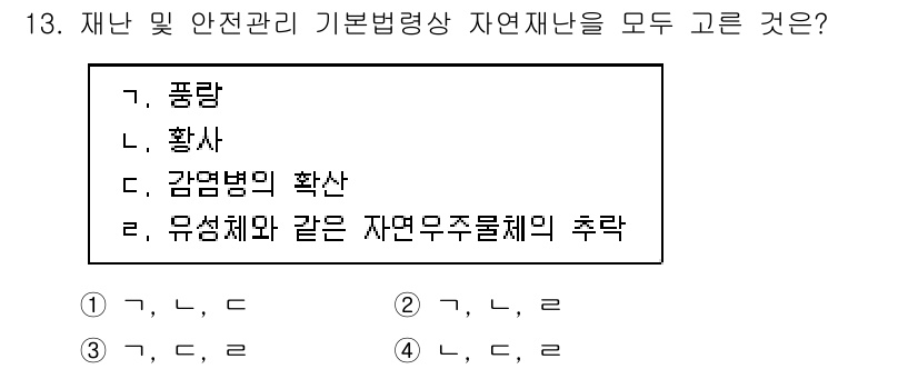 방재기사 2022년 13번 - 자연재난은 풍랑, 화산, 감염병의 확산 등이 포함됩니다. 유성체와 같은 ... 에 관한 핵심 기출문제