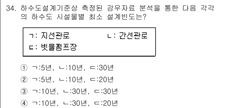 방재기사 2022년 34번 - 최소설계기준에서는 각 하수도의 설계유량을 산정할 때 강우강도와 관련하여 ... 에 관한 핵심 기출문제
