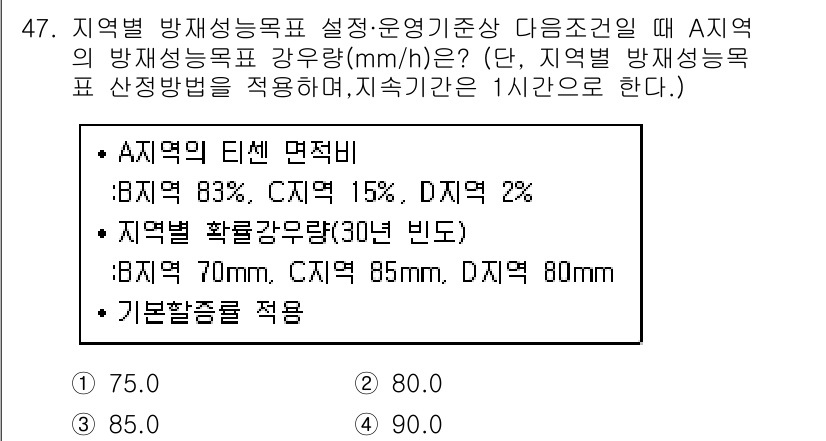 방재기사 2022년 47번 - A지역의 발생률에 따른 방재 성능목표 강우량과 저지역의 균형 수치 차이를... 에 관한 핵심 기출문제