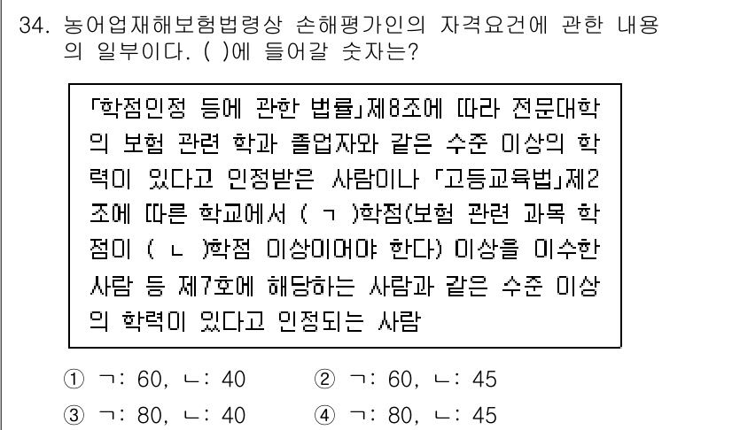손해평가사 2022년 34번 - 정답 4번은 농업재해보험법 제8조에 따라 전문적인 보호 평가 및 정리 관... 에 관한 핵심 기출문제