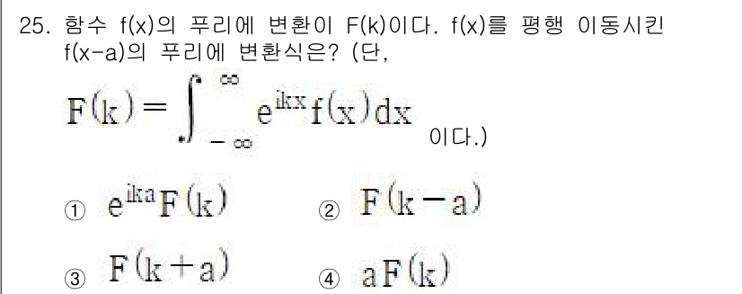 광학기사 2022년 25번 - 정답은 ①입니다. 푸리에 변환의 평행 이동 성질에 따르면, 함수 \( f... 에 관한 핵심 기출문제