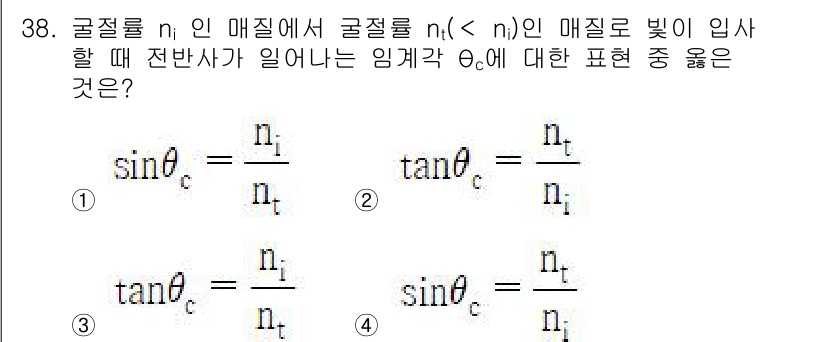 광학기사 2022년 38번 - 정답 4번이 맞는 이유는 전반사 조건에서의 임계각을 나타내는 식을 이용할... 에 관한 핵심 기출문제