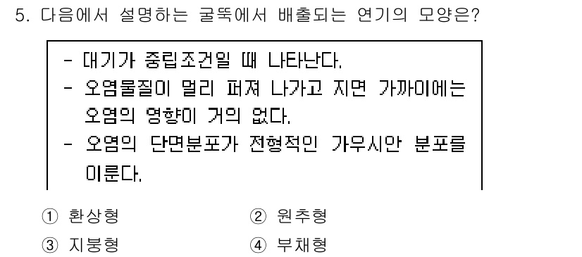 대기환경기사 2022년 5번 - 대기가 중립조절일 때 오염물질이 멀리 퍼져 나가고 지면 가까이에는 오염의... 에 관한 핵심 기출문제