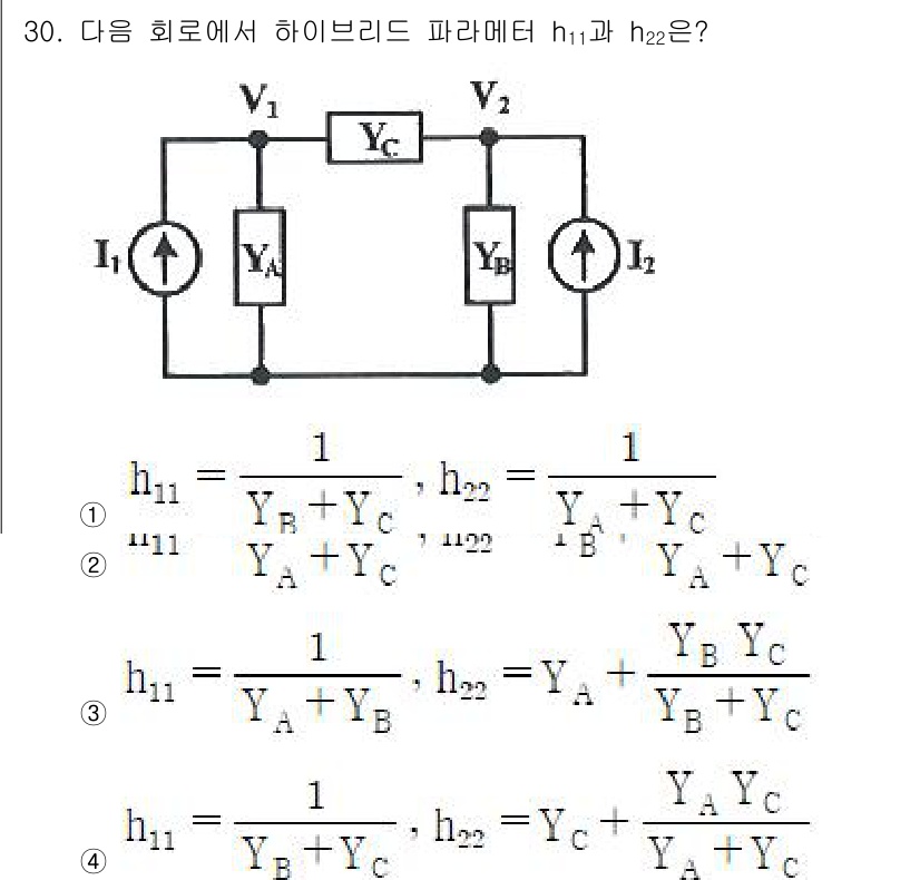 전자기사 2022년 30번 - . 하이브리드 파라미터 \( h_{11} \)와 \( h_{22} \)는... 에 관한 핵심 기출문제