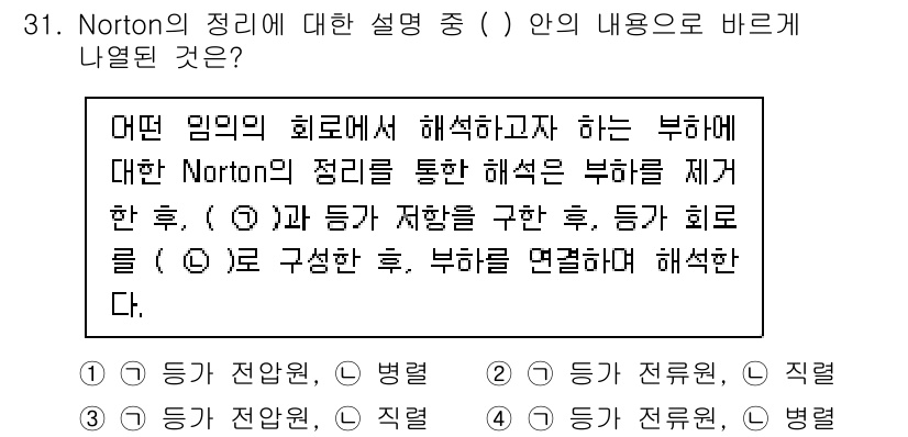 전자기사 2022년 31번 - Norton의 정리는 회로를 해석하는 데 유용한 방법으로, 전압원과 전류... 에 관한 핵심 기출문제