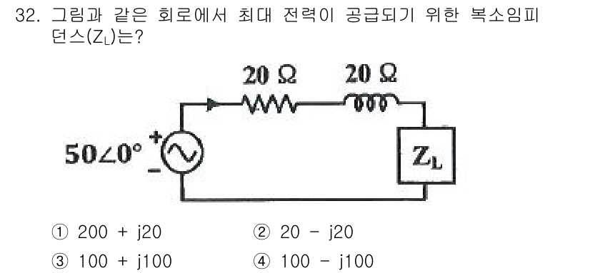 전자기사 2022년 32번 - 주어진 회로에서 최대 전력 전달을 위해 부하 임피던스 \( Z_L \)는... 에 관한 핵심 기출문제