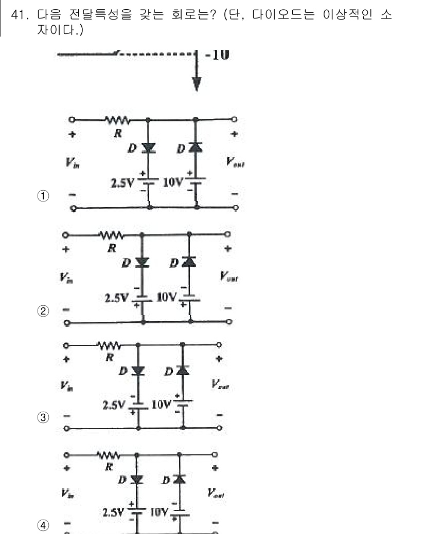 전자기사 2022년 41번 - 주어진 회로에서 각 다이오드는 정방향 및 역방향으로 동작하는 특성을 보인... 에 관한 핵심 기출문제