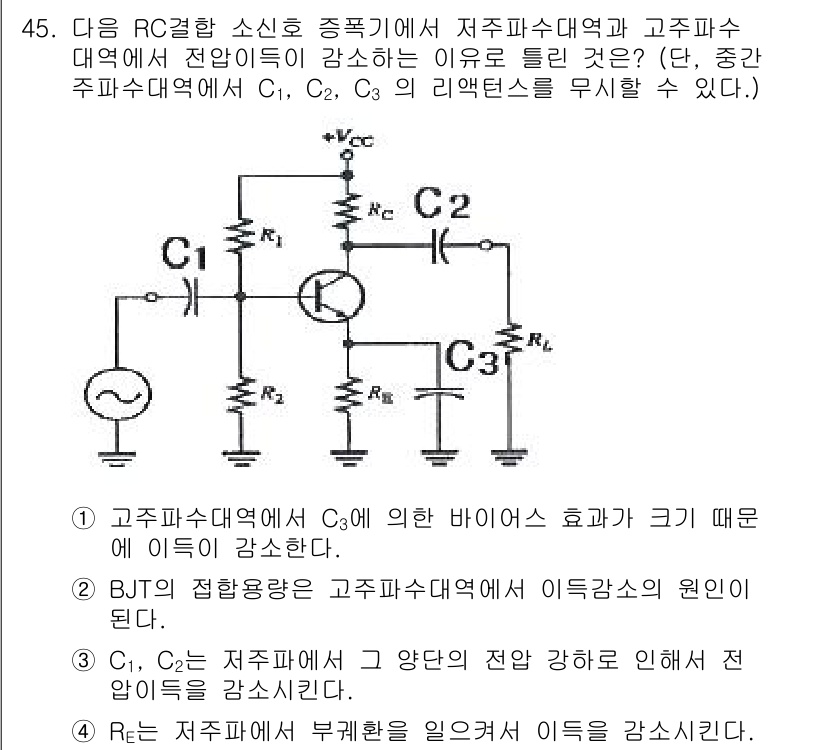 전자기사 2022년 45번 - . 

해설: 주파수의 증가에 따라 C3의 바이어스 효과가 커지므로, 저... 에 관한 핵심 기출문제
