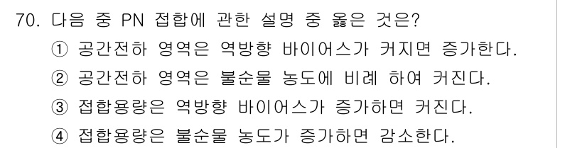 전자기사 2022년 70번 - . PN 접합에서 공간 전하 영역은 전하의 분포로 인해 발생하며, 이 영... 에 관한 핵심 기출문제
