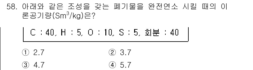 폐기물처리기사 2022년 58번 - 주어진 조성에서 C, H, O, S의 질량 비율을 계산하면 E-론의 생성... 에 관한 핵심 기출문제