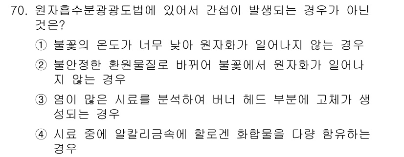 폐기물처리기사 2022년 70번 - 원자재 수분광도법에서 간섭이 발생하지 않는 경우는 원리적으로 서로 다른 ... 에 관한 핵심 기출문제