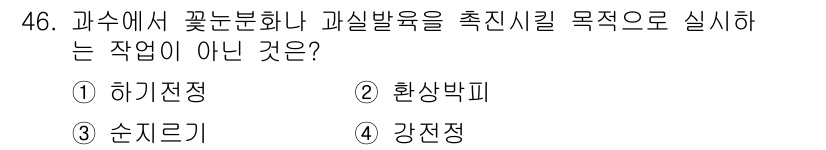 농산물품질관리사_1차 2022년 45번 - . 하리전정  
하리전정은 꽃눈 분화나 과실 발육과 관련된 작업이 아니라... 에 관한 핵심 기출문제