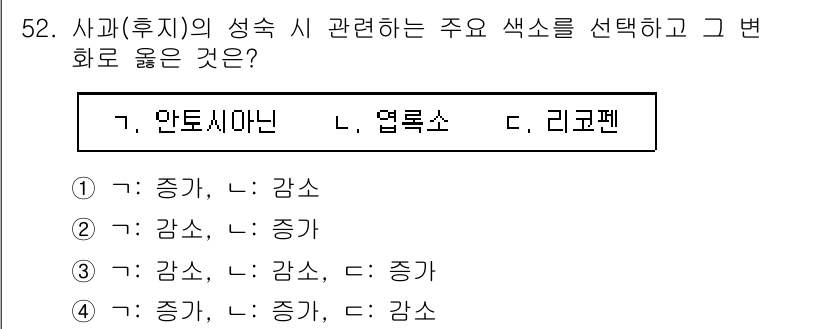 농산물품질관리사_1차 2022년 51번 - 정답이 4번인 이유는, 안토시아닌 성분은 주로 감마와 리코펜의 상호작용을... 에 관한 핵심 기출문제