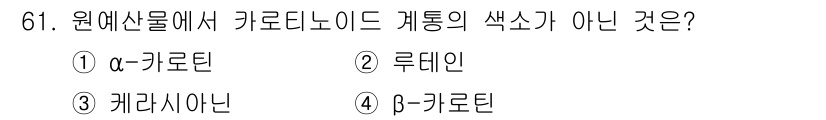 농산물품질관리사_1차 2022년 60번 - 정답은 ② 루테인입니다. 루테인은 카로티노이드 계통의 색소로, 원예산물에... 에 관한 핵심 기출문제