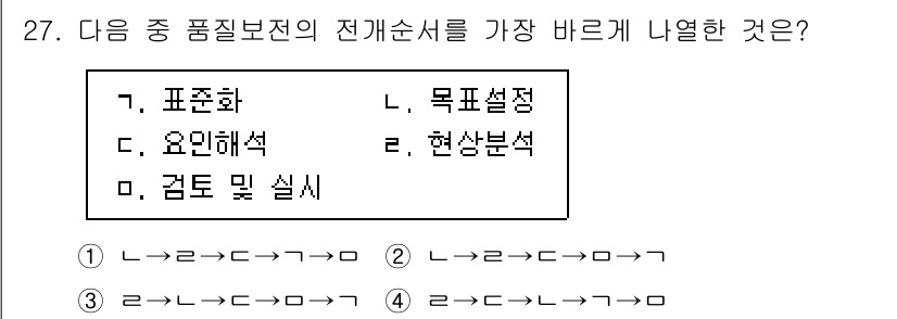설비보전기사(구) 2022년 27번 - 품질보전의 전개순서는 표준화, 목적설정, 요구해석, 현상분석, 검토 및 ... 에 관한 핵심 기출문제