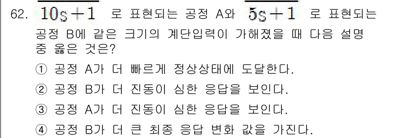 화공기사(구)(구) 2022년 62번 - 공정 A는 10s + 1로 표현되고 공정 B는 5s + 1로 표현되며, ... 에 관한 핵심 기출문제