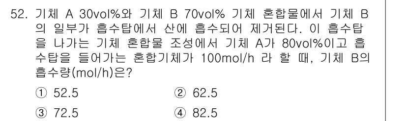 화공기사(구) 2022년 52번 - . 

혼합물의 조성을 고려할 때, 체계 A와 B의 농도와 유입 속도를 ... 에 관한 핵심 기출문제