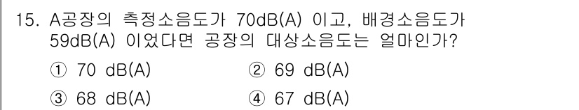 소음진동기사(구) 2022년 15번 - . 

이유: 공장 내 측정된 소음도는 최대 소음도인 70dB(A)로 간... 에 관한 핵심 기출문제