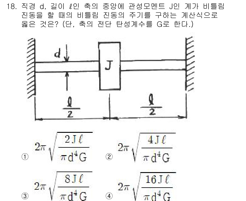 소음진동기사(구) 2022년 18번 - 주어진 문제에서 비틀림 진동 주기를 구하는 식을 도출하기 위해서는 비틀림... 에 관한 핵심 기출문제