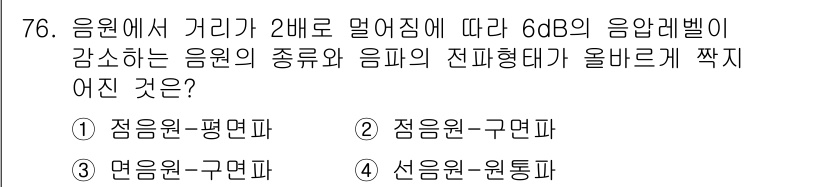 소음진동기사(구) 2022년 76번 - 소음의 종류에 따라 거리의 제곱에 반비례하여 소음 수준이 감소하는 특성이... 에 관한 핵심 기출문제
