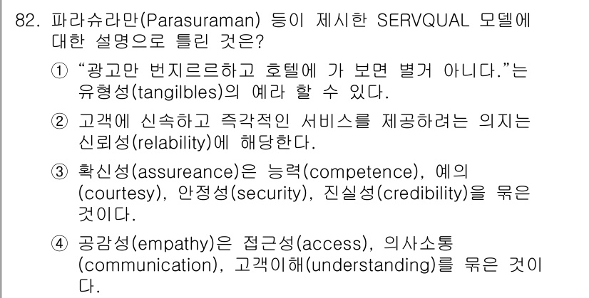 품질경영기사 2022년 86번 - 정답 3번은 SERVQUAL 모델의 각 요소가 서비스 품질을 평가하는 기... 에 관한 핵심 기출문제
