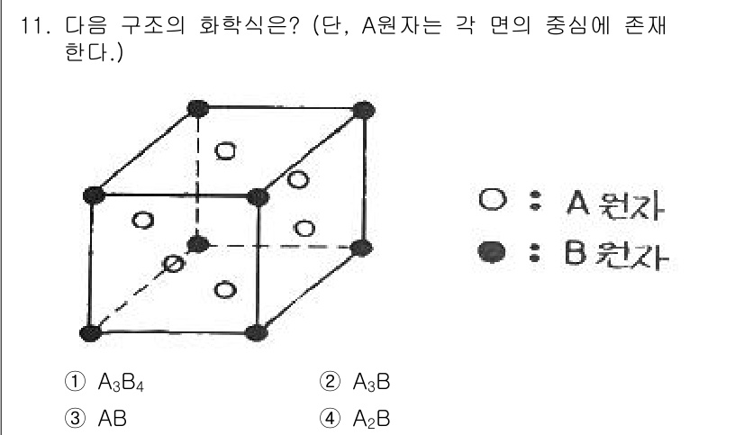 금속재료기사 2022년 11번 - 정답은 2번 A₂B입니다. 주어진 구조에서 A 원자는 각 면의 중심에 위... 에 관한 핵심 기출문제