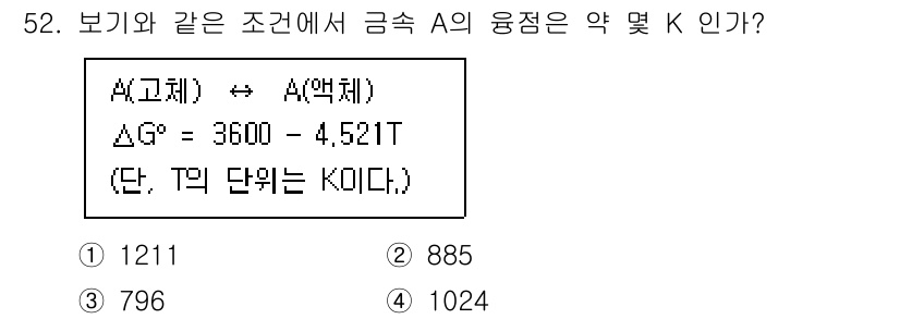 금속재료기사 2022년 52번 - 주어진 반응에서 Gibbs 자유 에너지는 온도에 따라 변화하므로, 열역학... 에 관한 핵심 기출문제