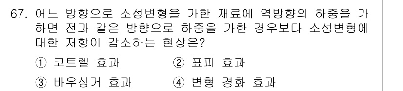 금속재료기사 2022년 67번 - 소성변형을 가한 재료에서 역방향으로 하중을 가하면 전단 응력으로 인해 소... 에 관한 핵심 기출문제
