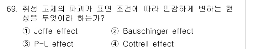 금속재료기사 2022년 69번 - . Joffe effect.  
Joffe 효과는 고체의 피크가 변형 조... 에 관한 핵심 기출문제