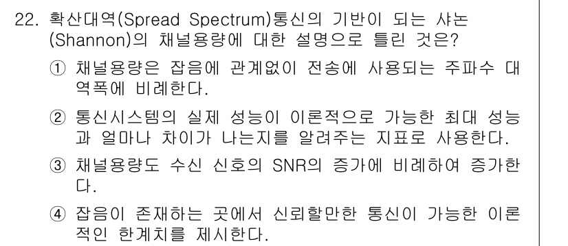 정보통신산업기사 2022년 22번 - 정답인 이유: 채널 용량은 주어진 대역폭과 신호 대 잡음비(SNR)에 의... 에 관한 핵심 기출문제