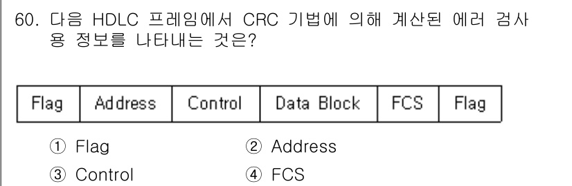 정보통신산업기사 2022년 60번 - HDLC 프레임에서 CRC(순환 중복 검사)는 데이터 블록의 무결성을 확... 에 관한 핵심 기출문제
