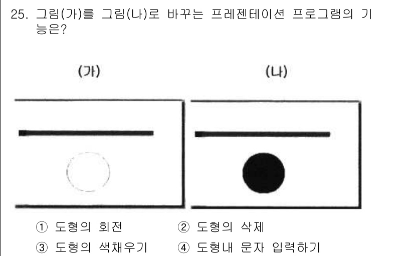 방송통신기능사 2022년 25번 - 정답 3번 "도형내 문자 입력하기"입니다. (가)와 (나)에서는 도형 안... 에 관한 핵심 기출문제