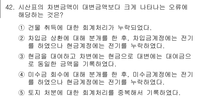 주택관리사보_1차 2020년 42번 - 정답 2는 차입금 상황에 대한 분계가 잘못되어 연관된 현금계정에 대한 전... 에 관한 핵심 기출문제