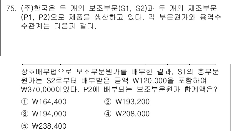 주택관리사보_1차 2020년 75번 - S1 부문에서 보조부원가를 배분할 때, S2 부문이 포함된 총부원가는 \... 에 관한 핵심 기출문제