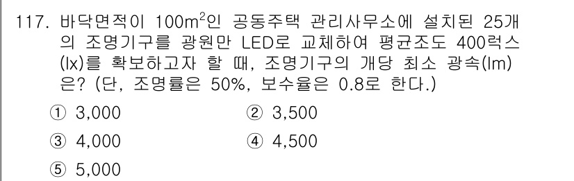 주택관리사보_1차 2021년 118번 - 주어진 조건에서 조명기구의 평균조도를 400럭스(lx)로 맞추기 위해 필... 에 관한 핵심 기출문제