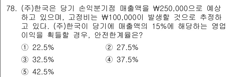 주택관리사보_1차 2021년 78번 - 주식회사 한국의 예상 매출액은 250,000원이며, 고정비용이 100,0... 에 관한 핵심 기출문제