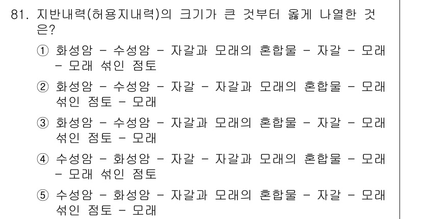 주택관리사보_1차 2021년 81번 - 정답 2번은 화상암과 수성암의 자갈과 모래의 혼합비율이 균형을 이루고 있... 에 관한 핵심 기출문제