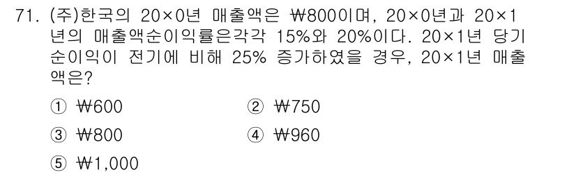 주택관리사보_1차 2022년 71번 - 20X0년 매출액이 8,000만원이고, 20X1년 매출액 증가율이 15%... 에 관한 핵심 기출문제