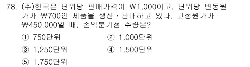 주택관리사보_1차 2022년 78번 - 단위당 판매가격이 1,000원이지만, 제품 생산비가 700원이므로 손익분... 에 관한 핵심 기출문제