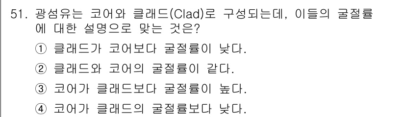 통신선로산업기사(통합편입) 2022년 52번 - 광섬유에서 코어와 클래드의 굴절률은 서로 다릅니다. 일반적으로 코어의 굴... 에 관한 핵심 기출문제