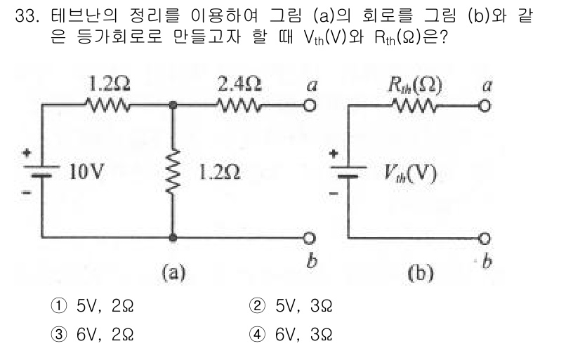 소방설비기사(전기분야) 2022년 33번 - 주어진 회로에서 테브난 정리를 적용하면, 회로의 저항과 전압원을 외부 회... 에 관한 핵심 기출문제