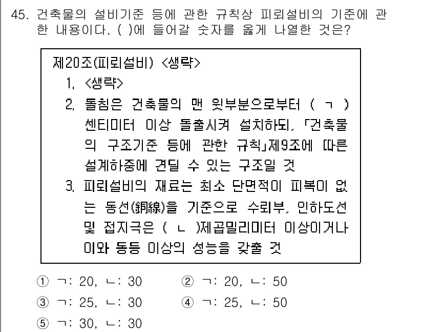 주택관리사보_2차 2021년 45번 - . 피뢰설비는 건축물의 세부 구성요소 중 하나로, 안전성을 높이는 역할을... 에 관한 핵심 기출문제