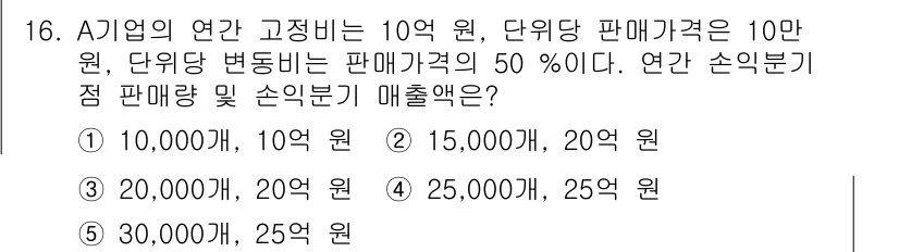 물류관리사_1교시 2022년 16번 - 연간 손익분기점 매출액은 고정비와 변동비를 고려하여 계산합니다. 고정비 ... 에 관한 핵심 기출문제