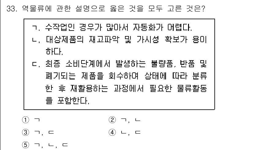 물류관리사_1교시 2022년 33번 - 최근 소비자에게 발생하는 불편, 반품 및 폐기기를 해결하기 위해 물류활동... 에 관한 핵심 기출문제