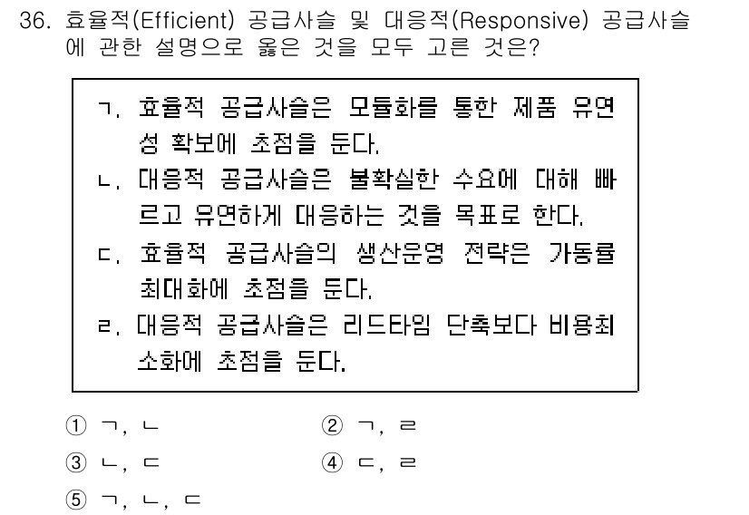 물류관리사_1교시 2022년 36번 - 효율적 공급사슬은 제조 유연성을 강조하며, 생산성 극대화를 위해 자원 최... 에 관한 핵심 기출문제