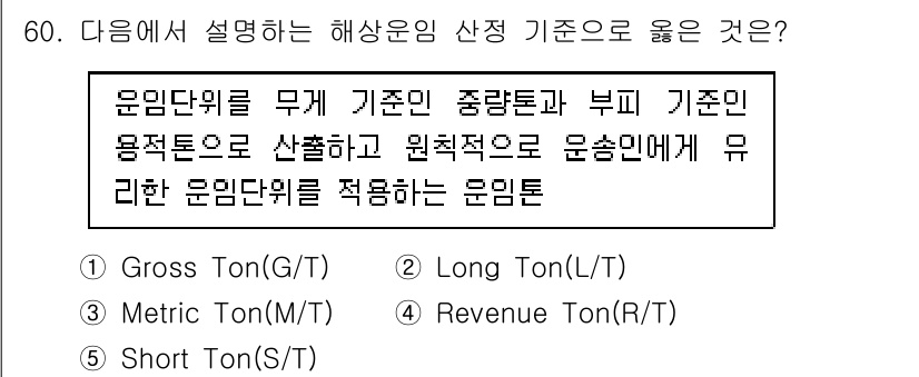 물류관리사_1교시 2022년 60번 - 운임 단위를 해상 운송의 기준으로 활용하는 데 있어, Gross Ton(... 에 관한 핵심 기출문제