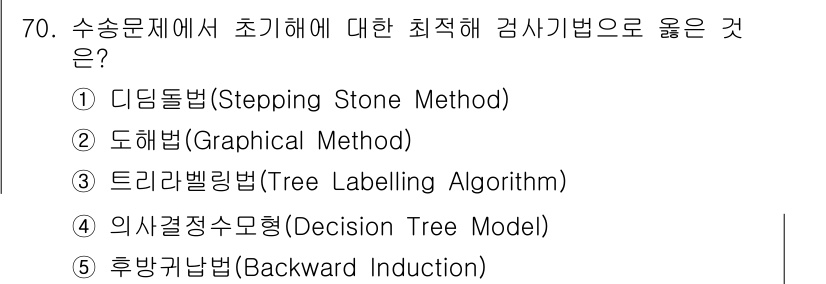 물류관리사_1교시 2022년 70번 - 정답은 1번 디딩돌법(Stepping Stone Method)입니다. 이... 에 관한 핵심 기출문제