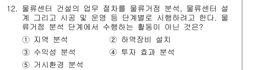 물류관리사_2교시 2022년 12번 - 물류점 분석 단계에서 수행하지 않는 활동은 4번, "투자 효과 분석"입니... 에 관한 핵심 기출문제