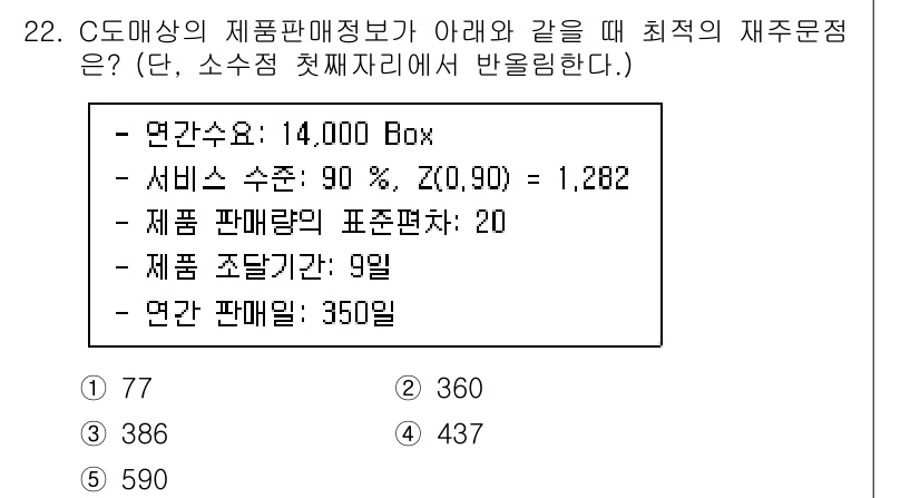 물류관리사_2교시 2022년 22번 - C. 매상의 제품판매정보를 고려할 때, 서비스 수준이 90%일 때의 안전... 에 관한 핵심 기출문제
